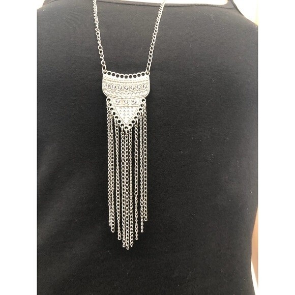 Long silver tone necklace with silver tassel. - Picture 2 of 3